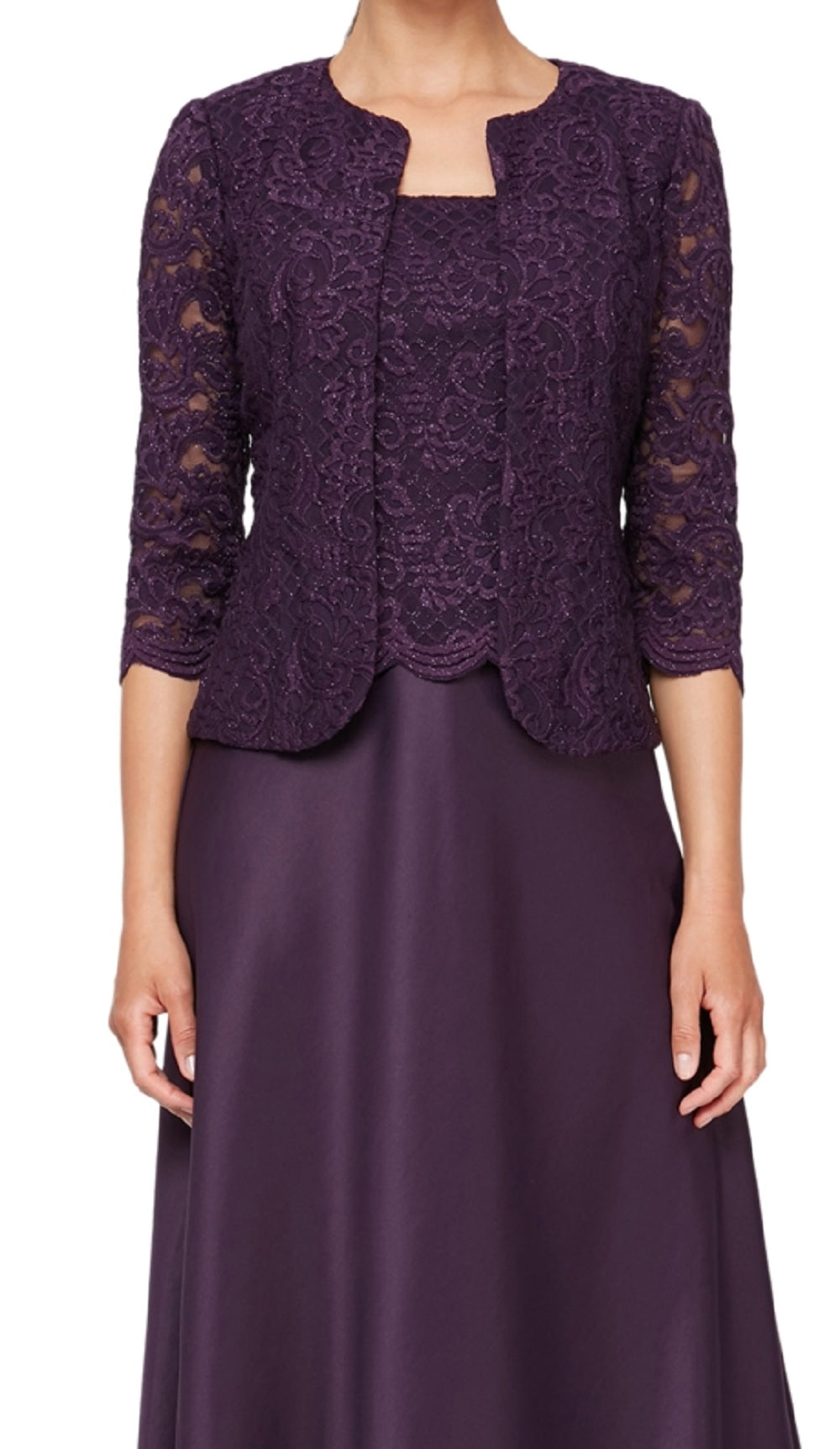 Vestido de festa feminino Alex Evenings com renda bordada e jaqueta, roxo, tamanho 14