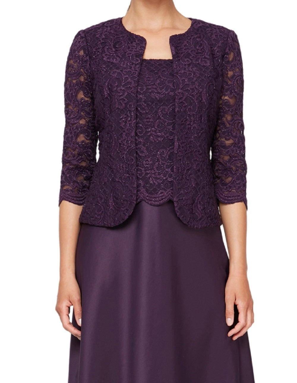 Vestido de festa feminino Alex Evenings com renda bordada e jaqueta, roxo, tamanho 16
