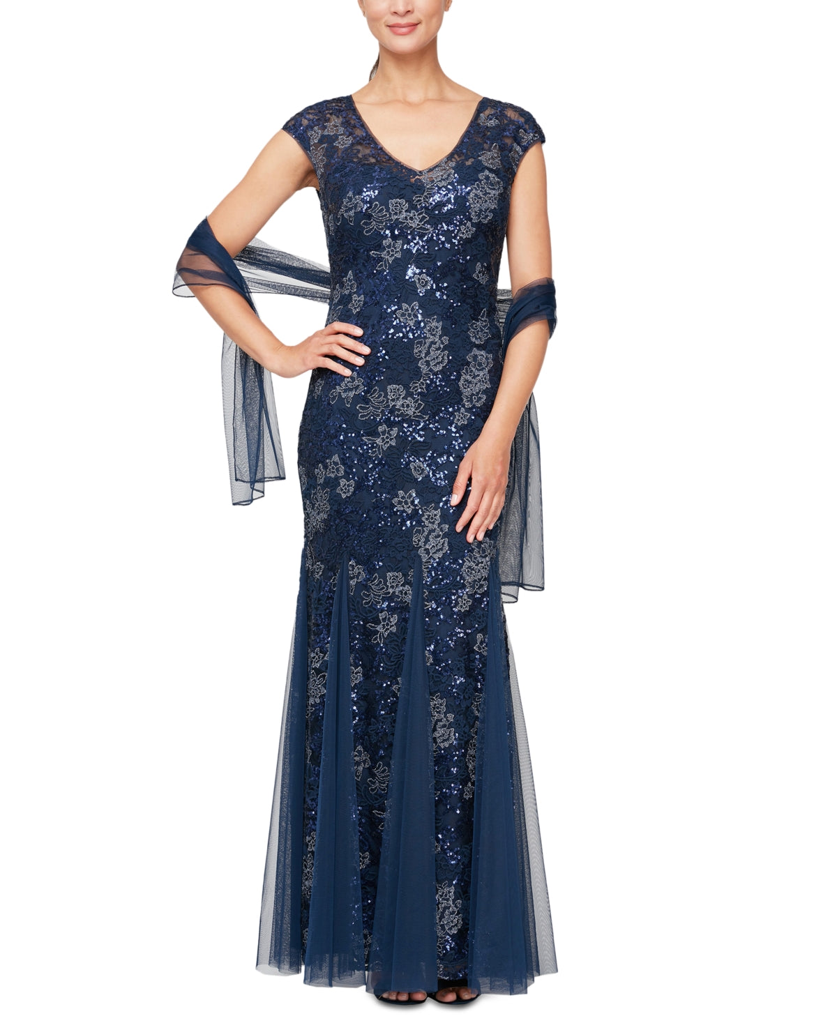 Vestido trompete bordado com lantejoulas Alex Evenings para mulheres, azul, tamanho 8