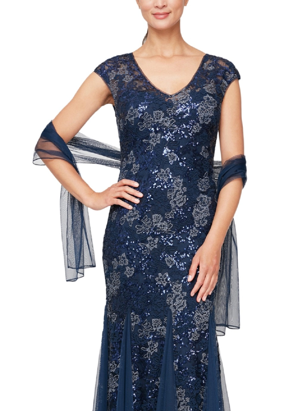 Vestido trompete bordado com lantejoulas Alex Evenings para mulheres, azul, tamanho 10