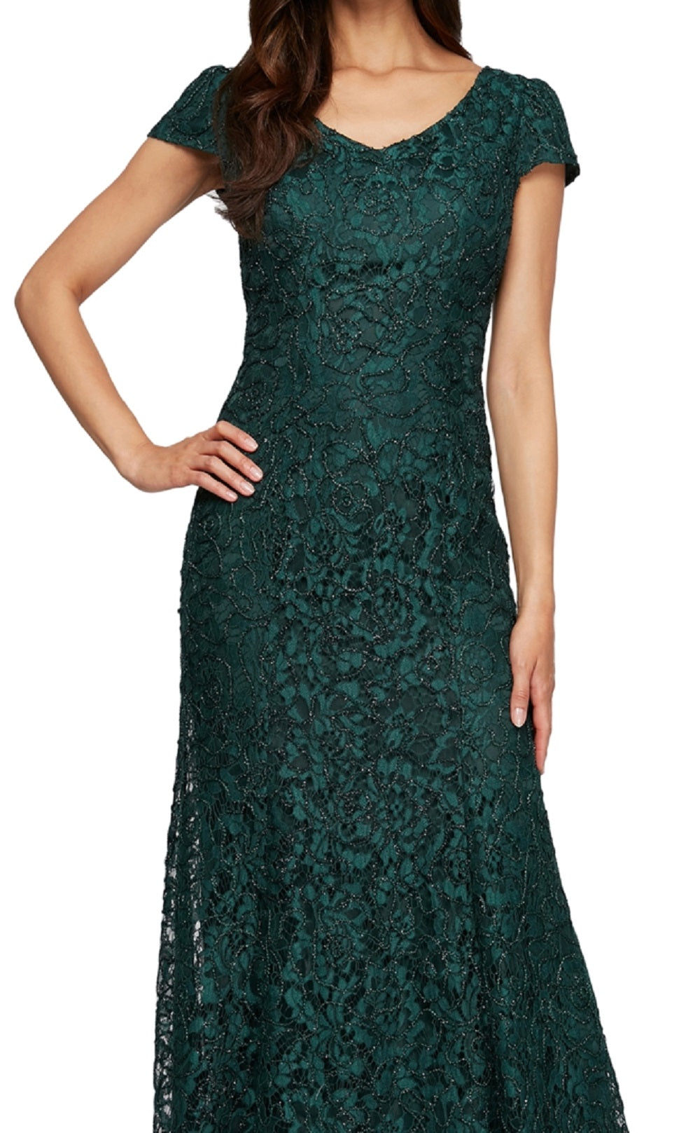 Vestido de renda feminino Alex Evenings com decote em V e ajuste evasê, verde, tamanho 8