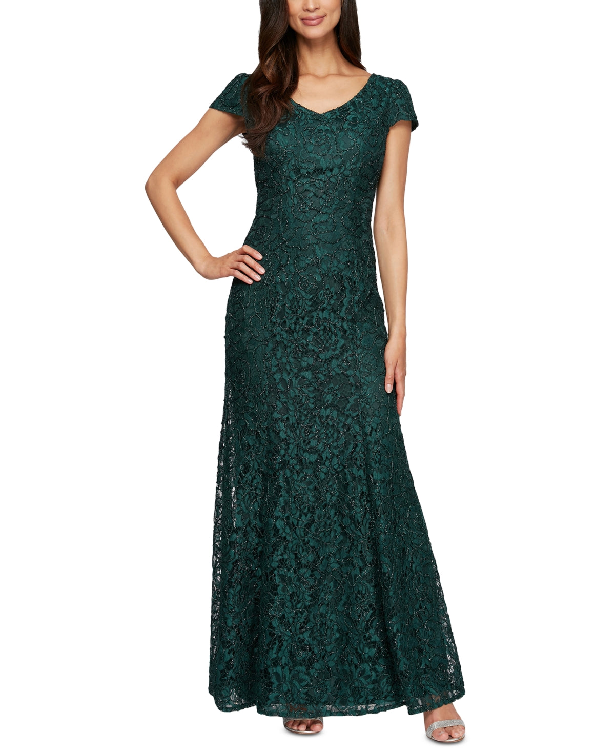 Vestido de renda feminino Alex Evenings com decote em V e ajuste evasê, verde, tamanho 8