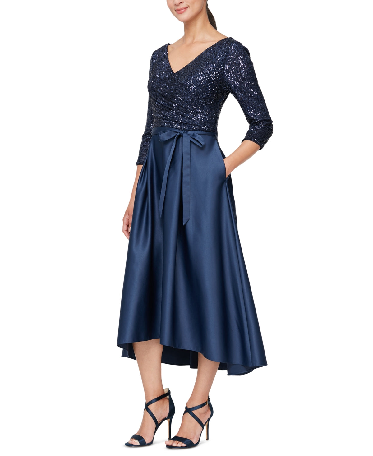 Vestido midi feminino Alex Evenings com corpete de lantejoulas, azul, tamanho 6