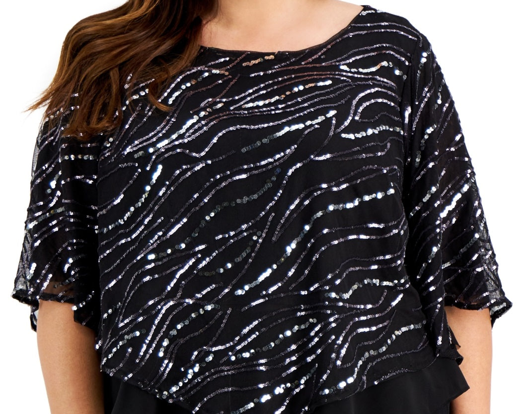 Alex Evenings Top feminino com lantejoulas e estampa popover, preto, tamanho 1X