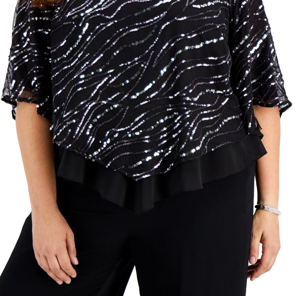 Alex Evenings Top feminino com lantejoulas e estampa popover, preto, tamanho 1X