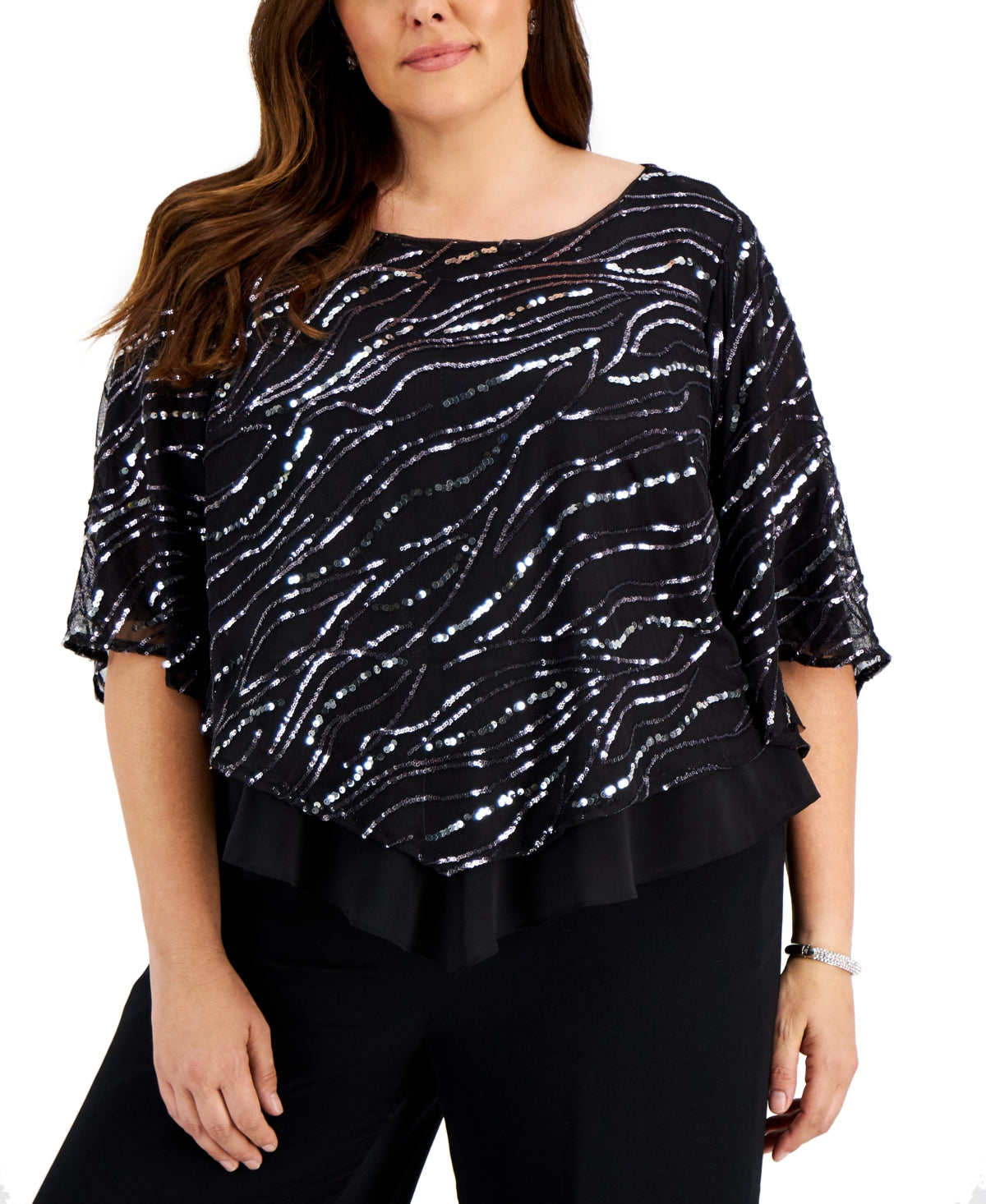 Alex Evenings Top feminino com lantejoulas e estampa popover, preto, tamanho 1X