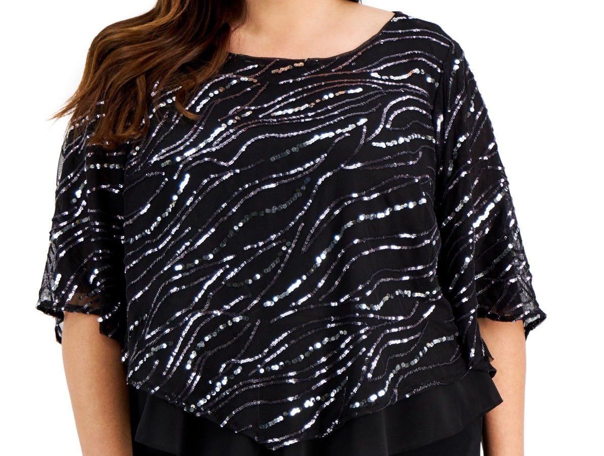 Alex Evenings Top feminino com lantejoulas e estampa popover, preto, tamanho 3X