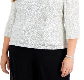 Alex Evenings Blusa feminina com decote em V e lantejoulas, cinza, tamanho 2X