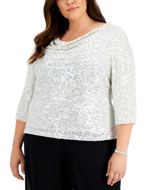 Alex Evenings Blusa feminina com decote em V e lantejoulas, cinza, tamanho 2X