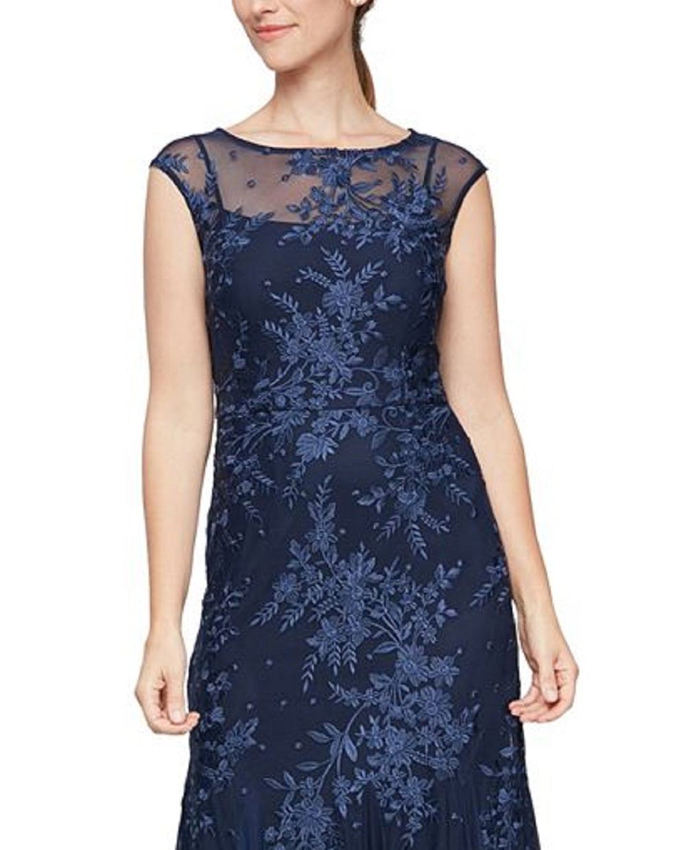Vestido de festa feminino Alex Evenings com bordado trompete tamanho 6 azul tamanho 6