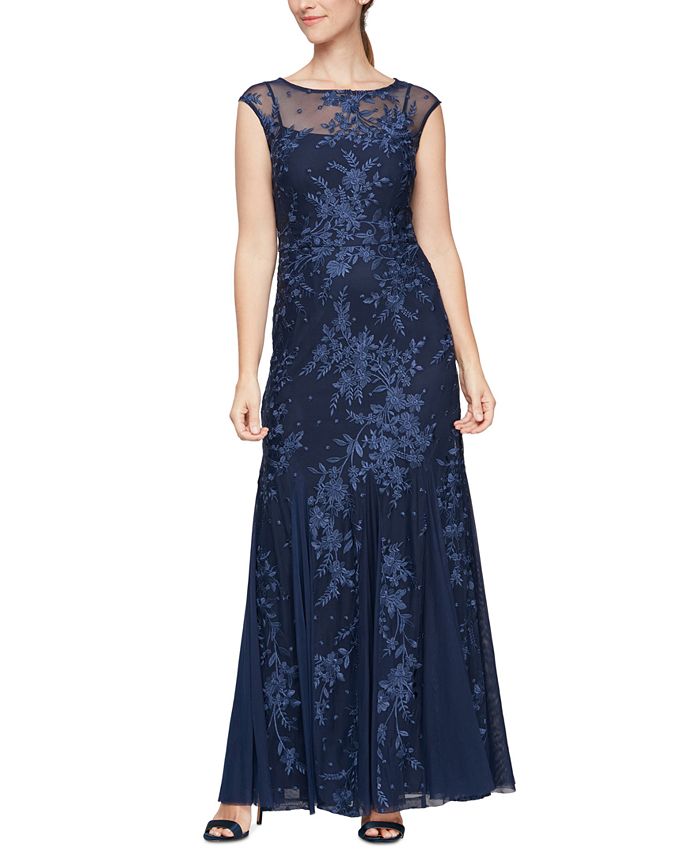 Vestido trompete bordado feminino Alex Evenings, azul, tamanho 14