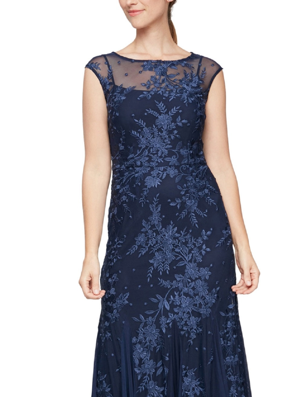 Vestido trompete bordado feminino Alex Evenings, azul, tamanho 14