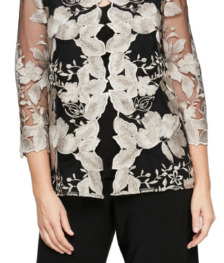 Alex Evenings Blusa feminina bordada em camadas, preta, tamanho pequeno e pequeno