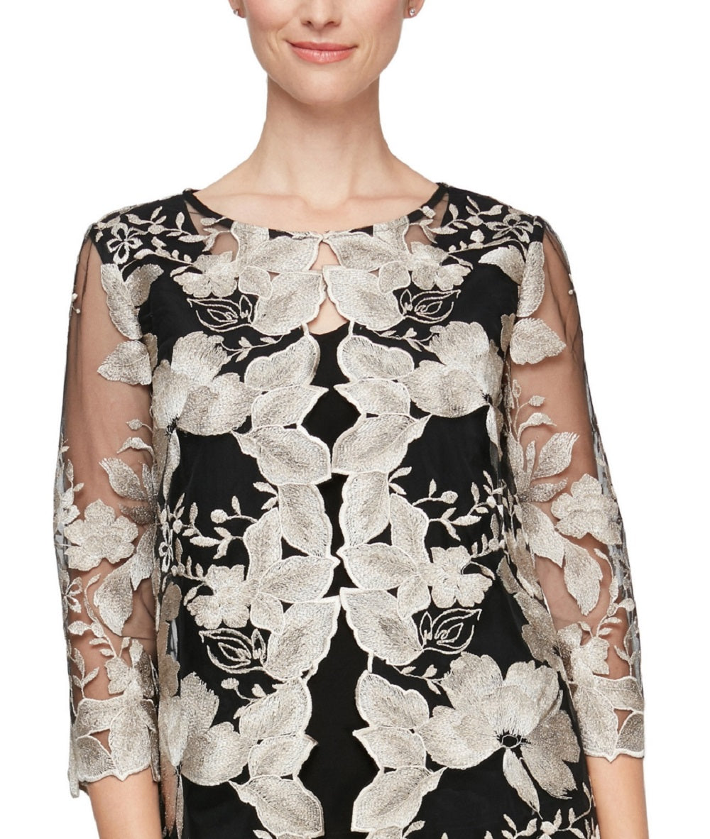 Alex Evenings Blusa feminina bordada em camadas, preta, tamanho pequeno médio