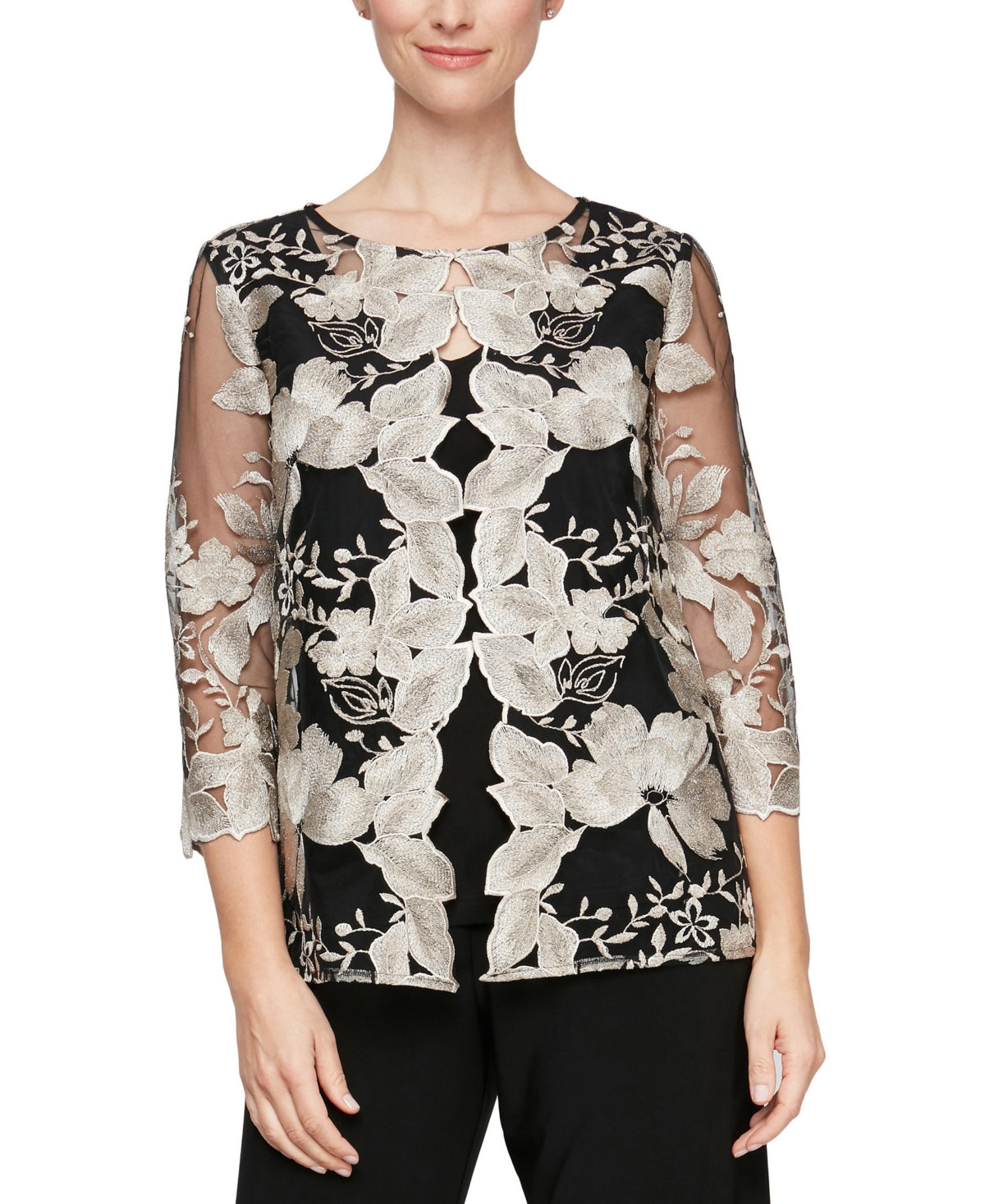 Alex Evenings Blusa feminina bordada em camadas, preta, tamanho pequeno médio