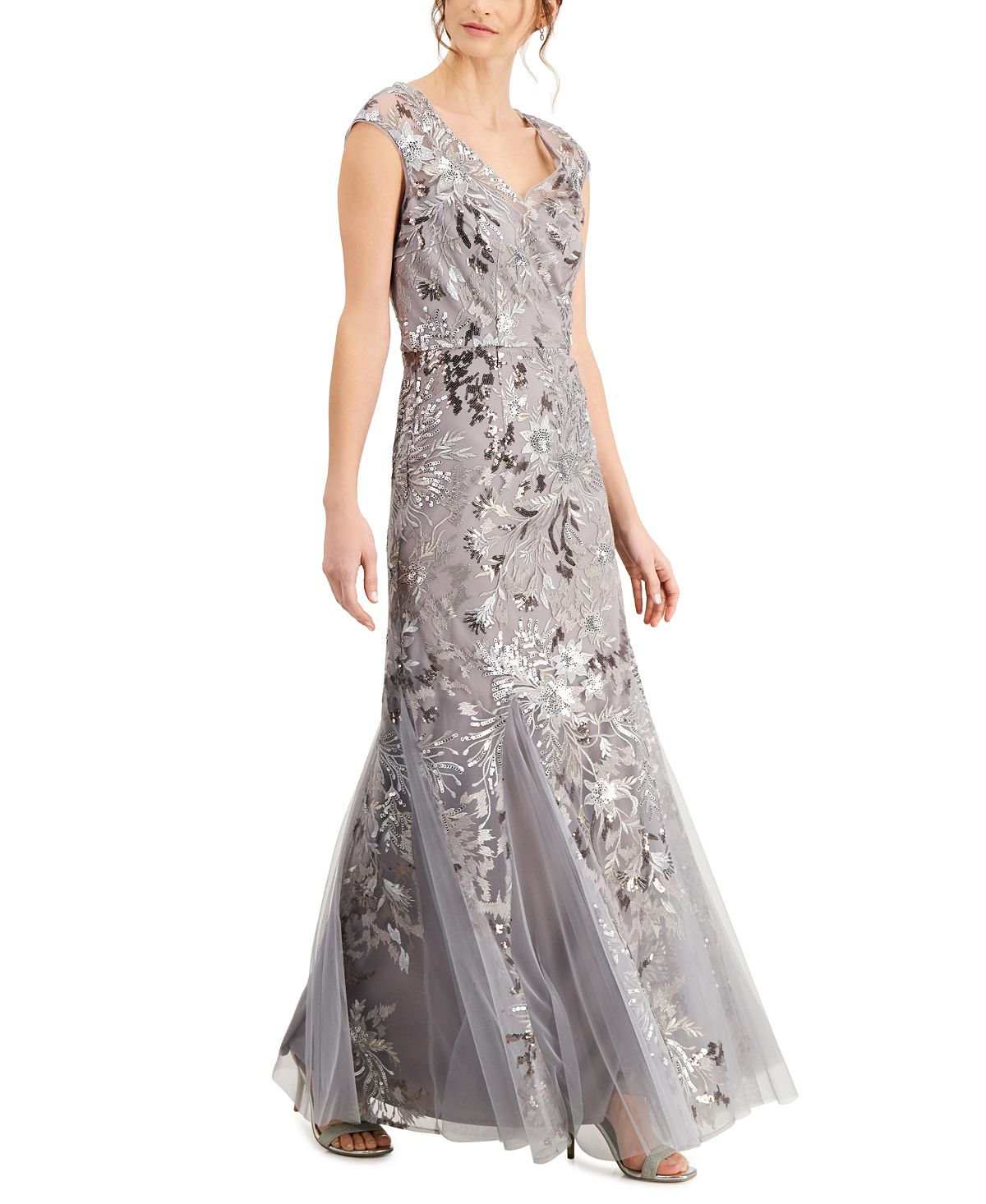Vestido de festa feminino Alex Evenings com lantejoulas e corte evasê floral, cinza, tamanho 12