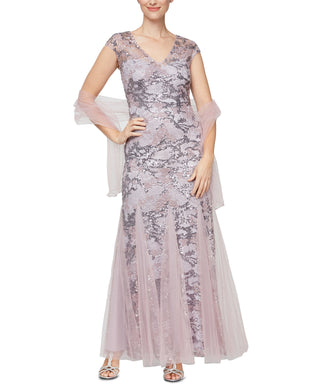 Alex Evenings Women's Sequin Embroidered Trumpet Gown Purple Size 14