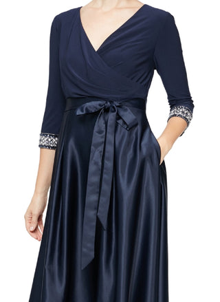 Vestido feminino Alex Evenings com decote sobrepeliz e comprimento chá, azul, tamanho 8