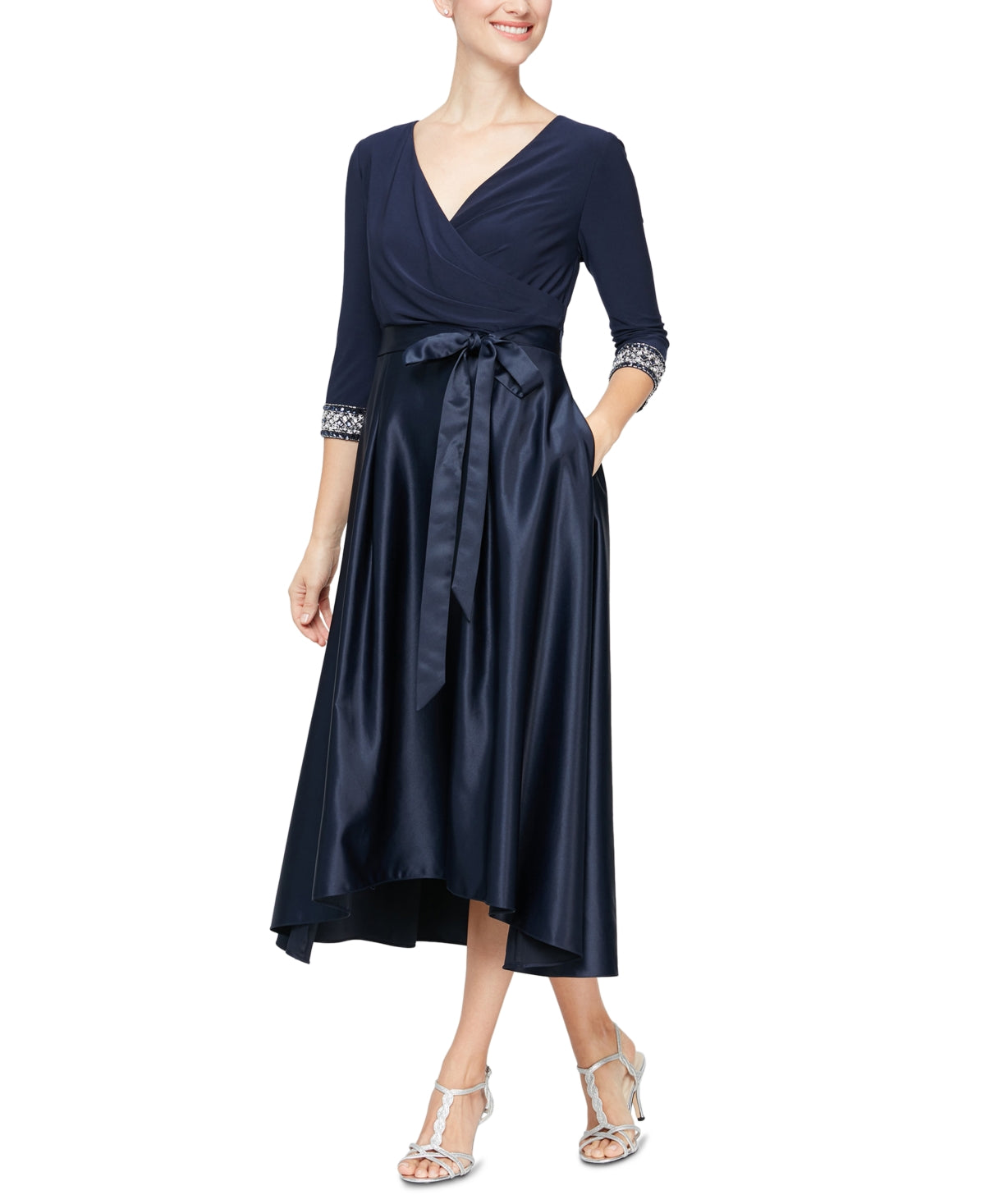 Vestido feminino Alex Evenings com decote sobrepeliz e comprimento chá, azul, tamanho 8