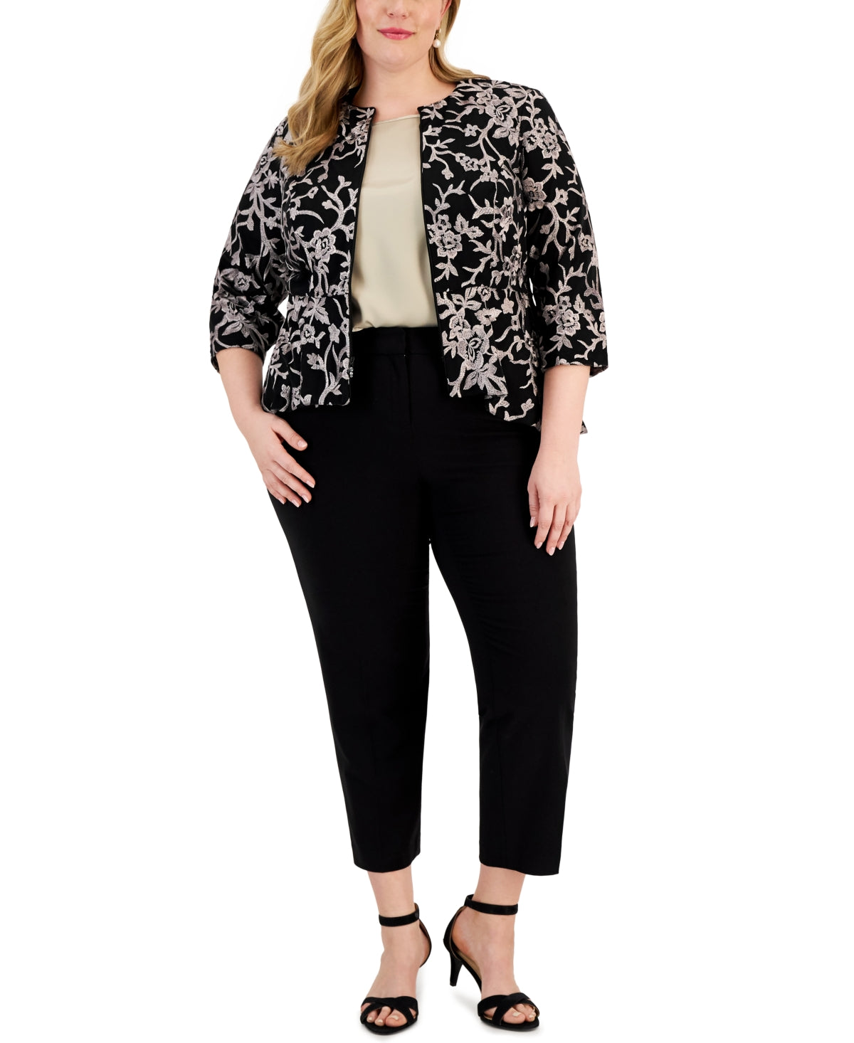 Top peplum bordado feminino Alex Evenings, preto, tamanho 1X