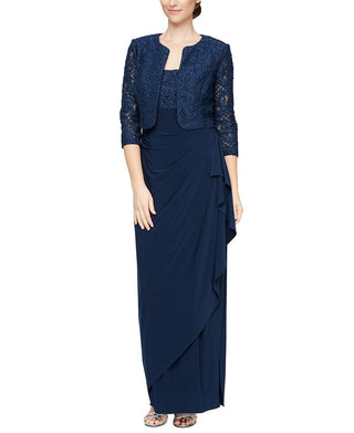 Alex Evenings Women's 2 Pc Lace Bolero & Gown Set Blue Size 12Petite