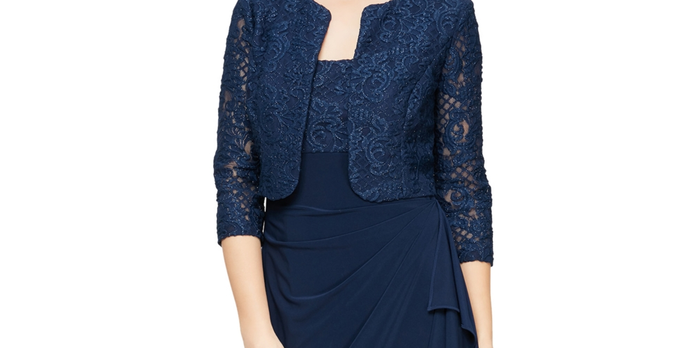 Jaqueta bolero feminina com contas e vestido com cintura império Alex Evenings, azul, tamanho 16 pequeno