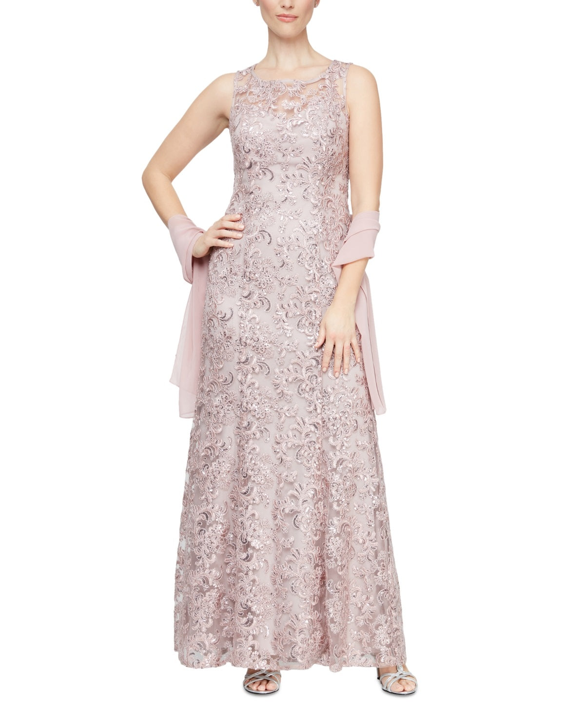 Conjunto de vestido e xale bordado feminino Alex Evenings, rosa, tamanho 6, pequeno