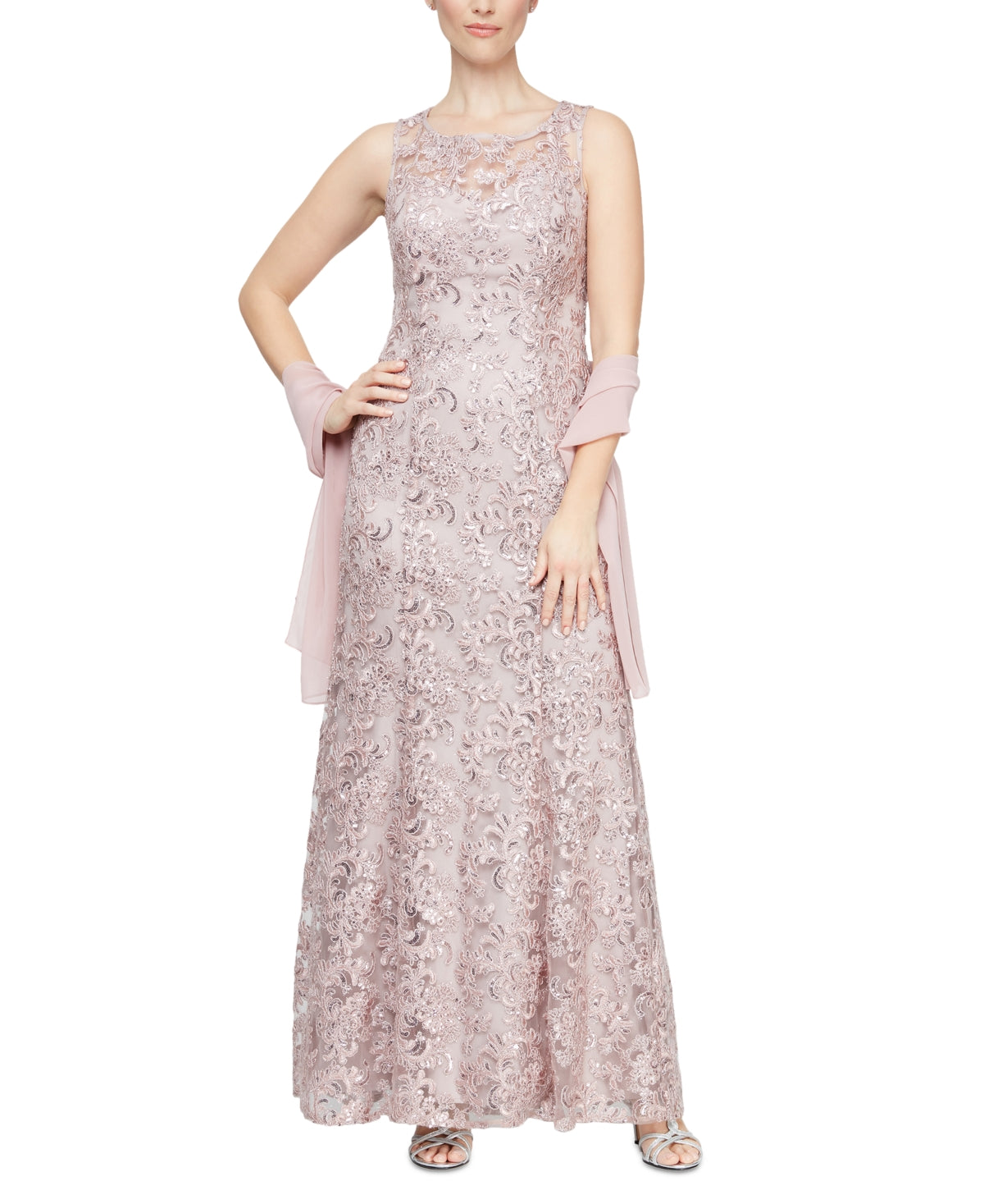 Conjunto de vestido e xale bordado feminino Alex Evenings, rosa, tamanho 12, pequeno
