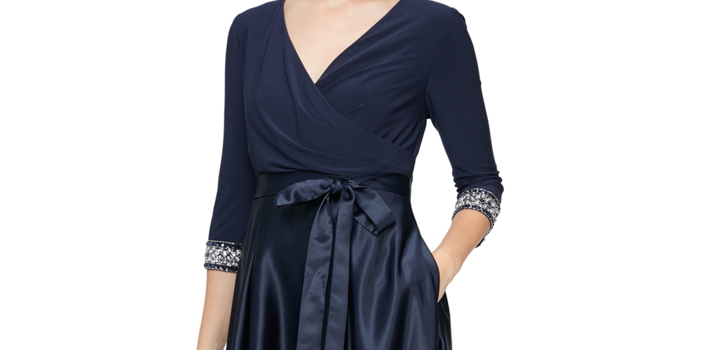 Vestido feminino Alex Evenings com decote sobrepeliz e comprimento chá, azul, tamanho 6, pequeno