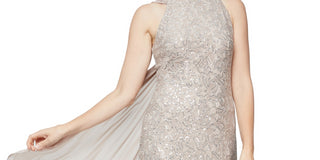 Vestido de festa feminino Alex Evenings com lantejoulas e renda, drapeado nas costas, bege, tamanho 12