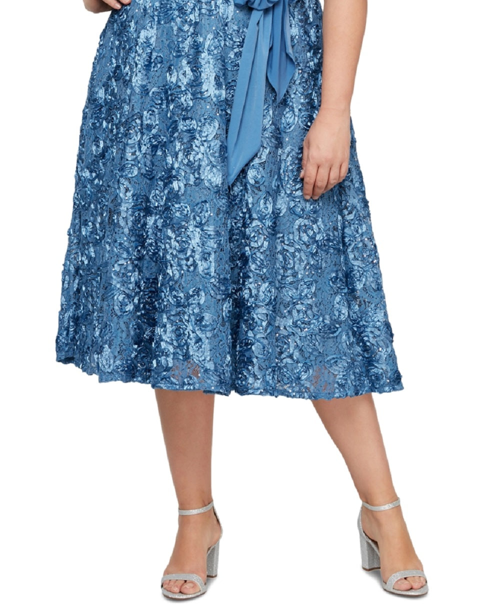 Vestido feminino Alex Evenings de comprimento médio em jersey e renda roseta, tamanho 16W, azul