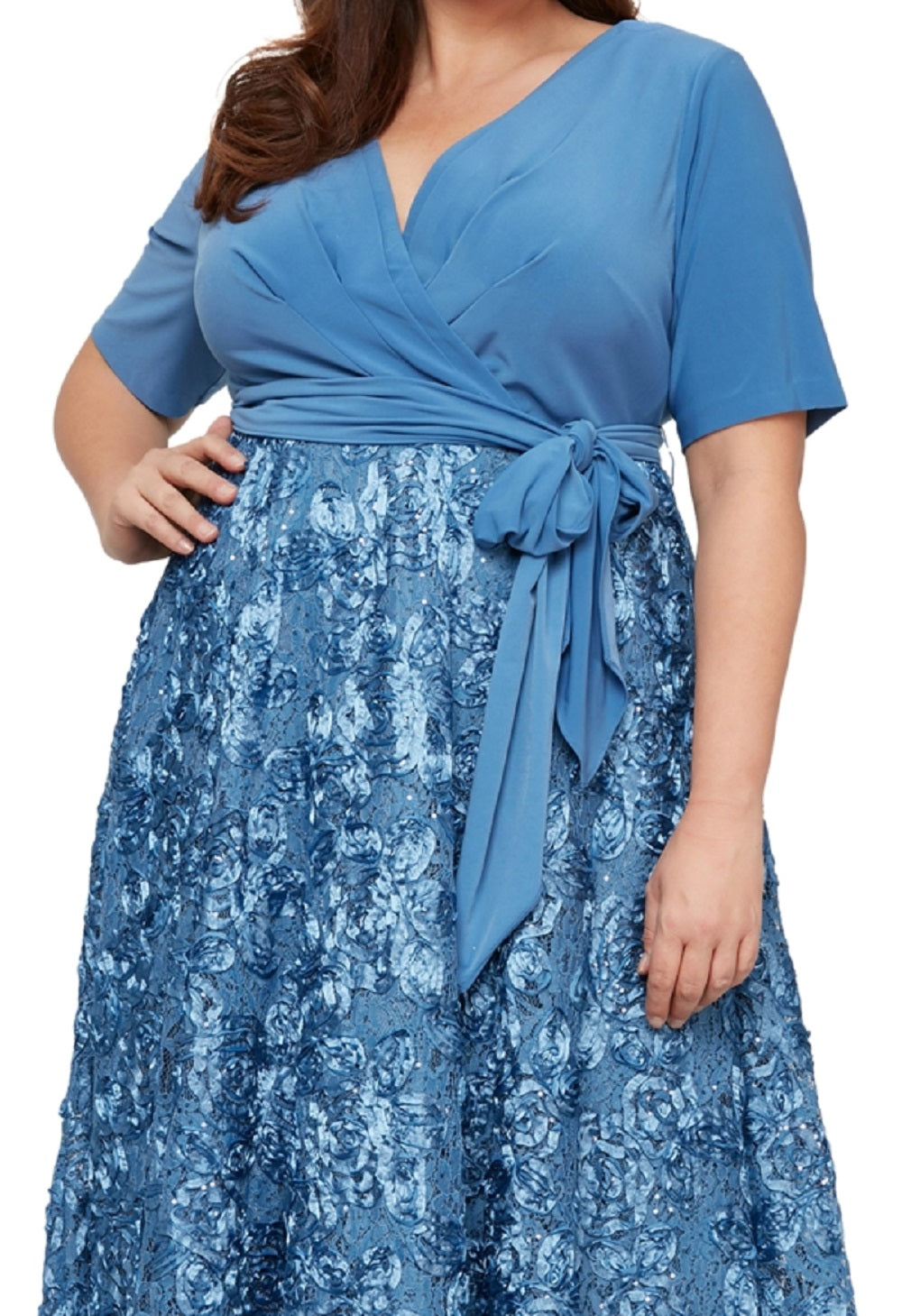 Vestido feminino Alex Evenings de comprimento médio em jersey e renda roseta, tamanho 18W, azul