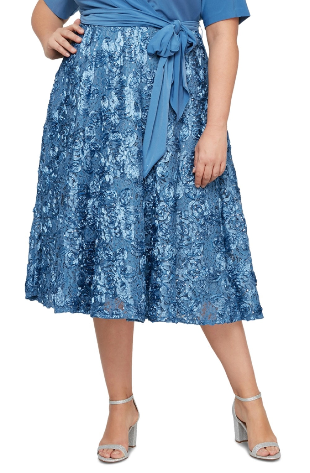 Vestido feminino Alex Evenings de comprimento médio em jersey e renda roseta, tamanho 18W, azul
