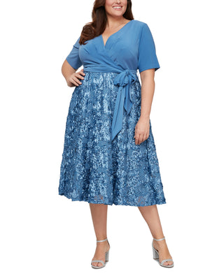 Alex Evenings Women's Tea Length Jersey & Rosette Lace Dress Blue Size 22W