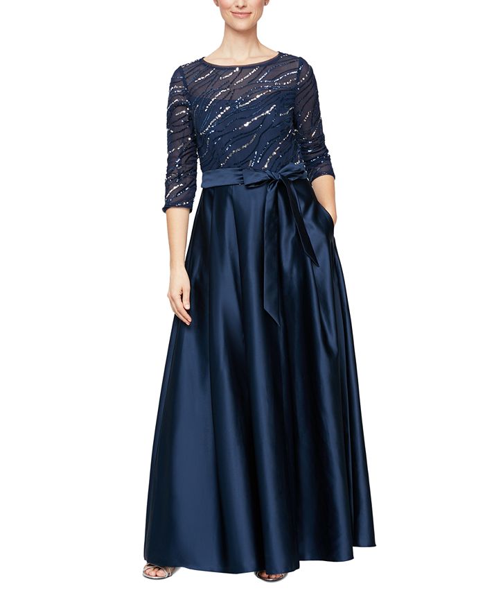 Vestido de baile feminino Alex Evenings, corte A, cintura império, azul, tamanho 4