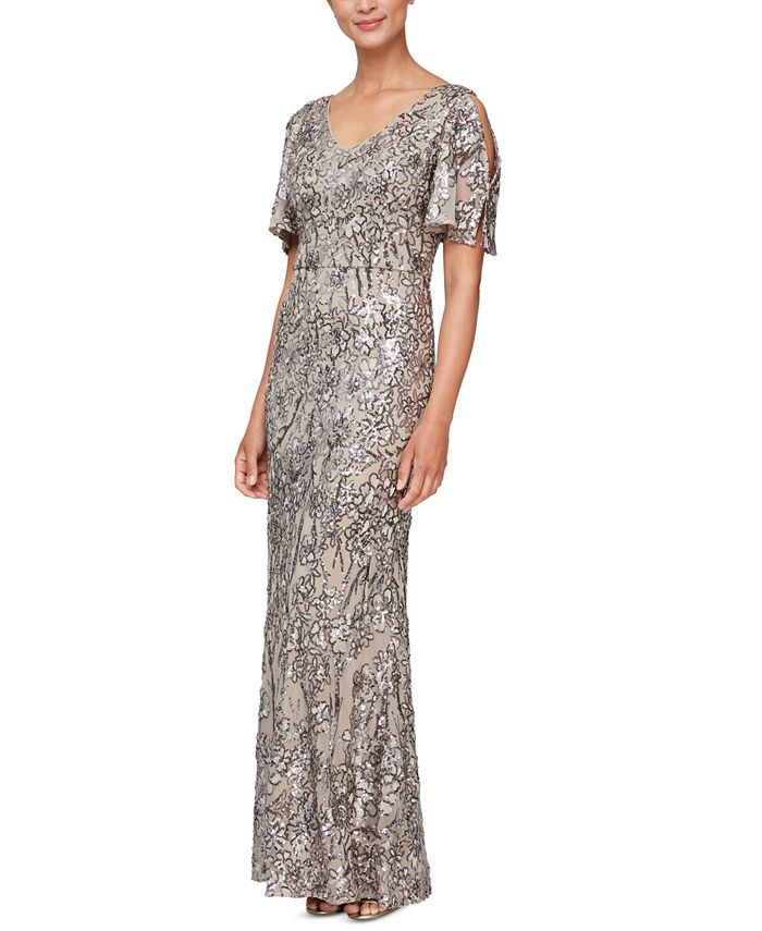 Vestido trompete feminino Alex Evenings com lantejoulas e renda, ombro vazado, rosa, tamanho 16, pequeno