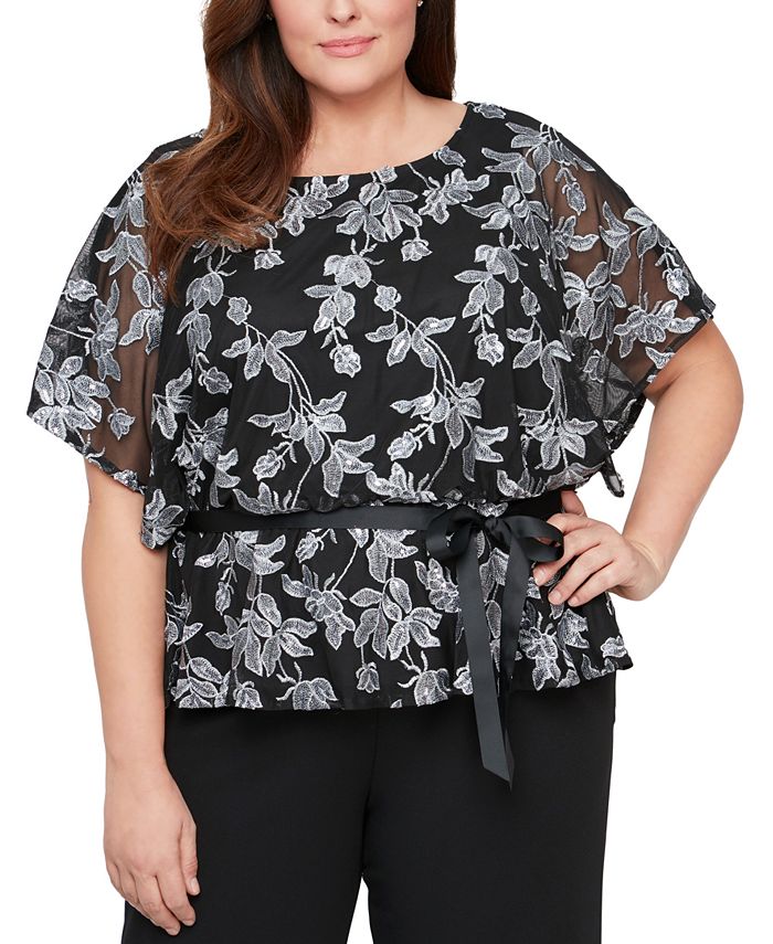 Blusa feminina floral burnout Alex Evenings, preta, tamanho 1X