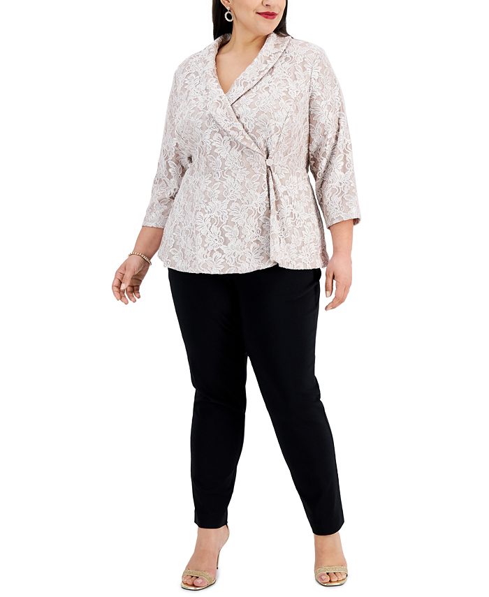 Blusa feminina Alex Evenings com glitter e renda, branca, tamanho 1X