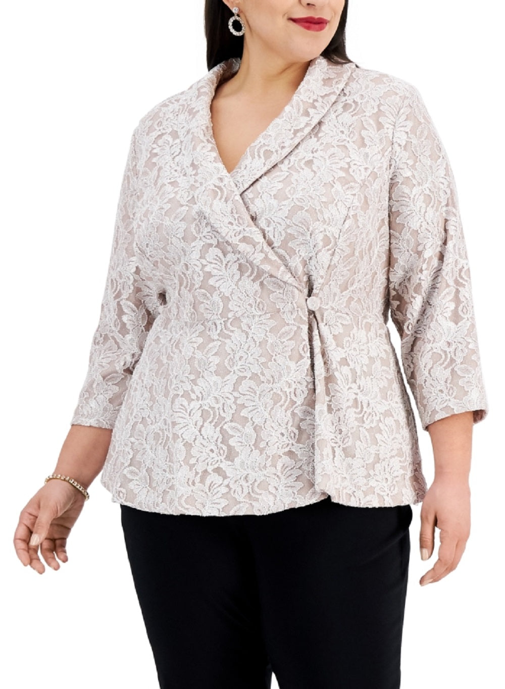 Blusa feminina Alex Evenings com glitter e renda, branca, tamanho 2X