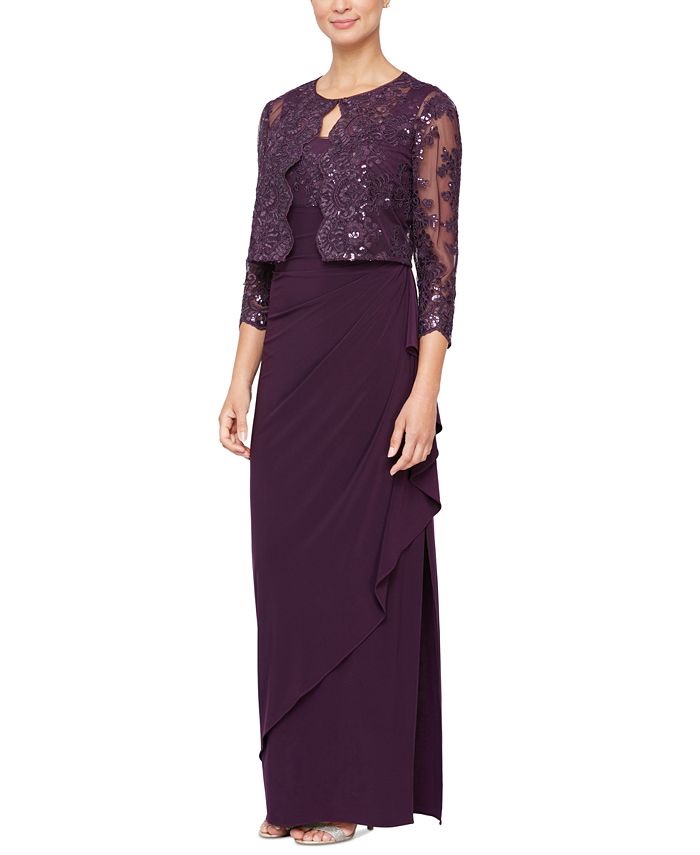 Vestido feminino bordado estilo império Alex Evenings com jaqueta roxa tamanho 16