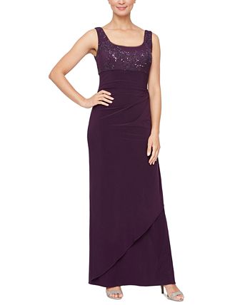 Vestido feminino bordado estilo império Alex Evenings com jaqueta roxa tamanho 16