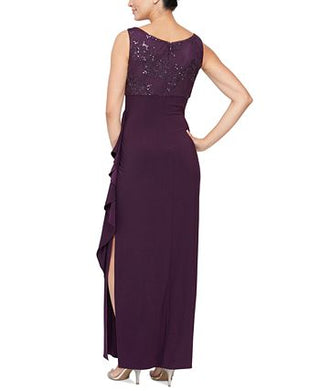 Vestido feminino bordado estilo império Alex Evenings com jaqueta roxa tamanho 16