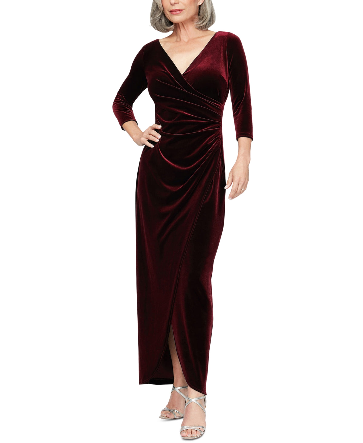 Vestido de veludo franzido com manga 3/4 Alex Evenings para mulheres, tamanho 14W, vermelho