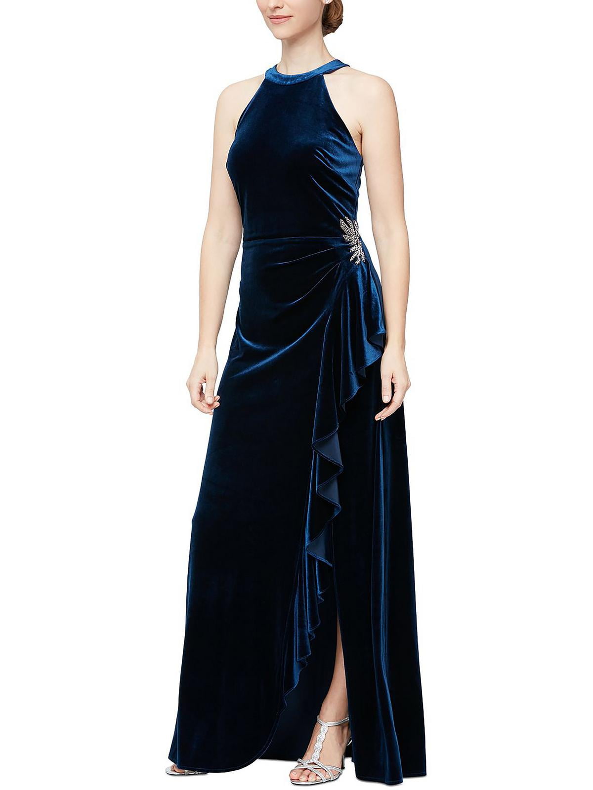 Vestido de festa feminino Alex Evenings com babados e acabamento em veludo e contas, tamanho médio, azul