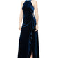 Vestido de festa feminino Alex Evenings, de veludo, com babados e detalhes em contas, azul, tamanho 12
