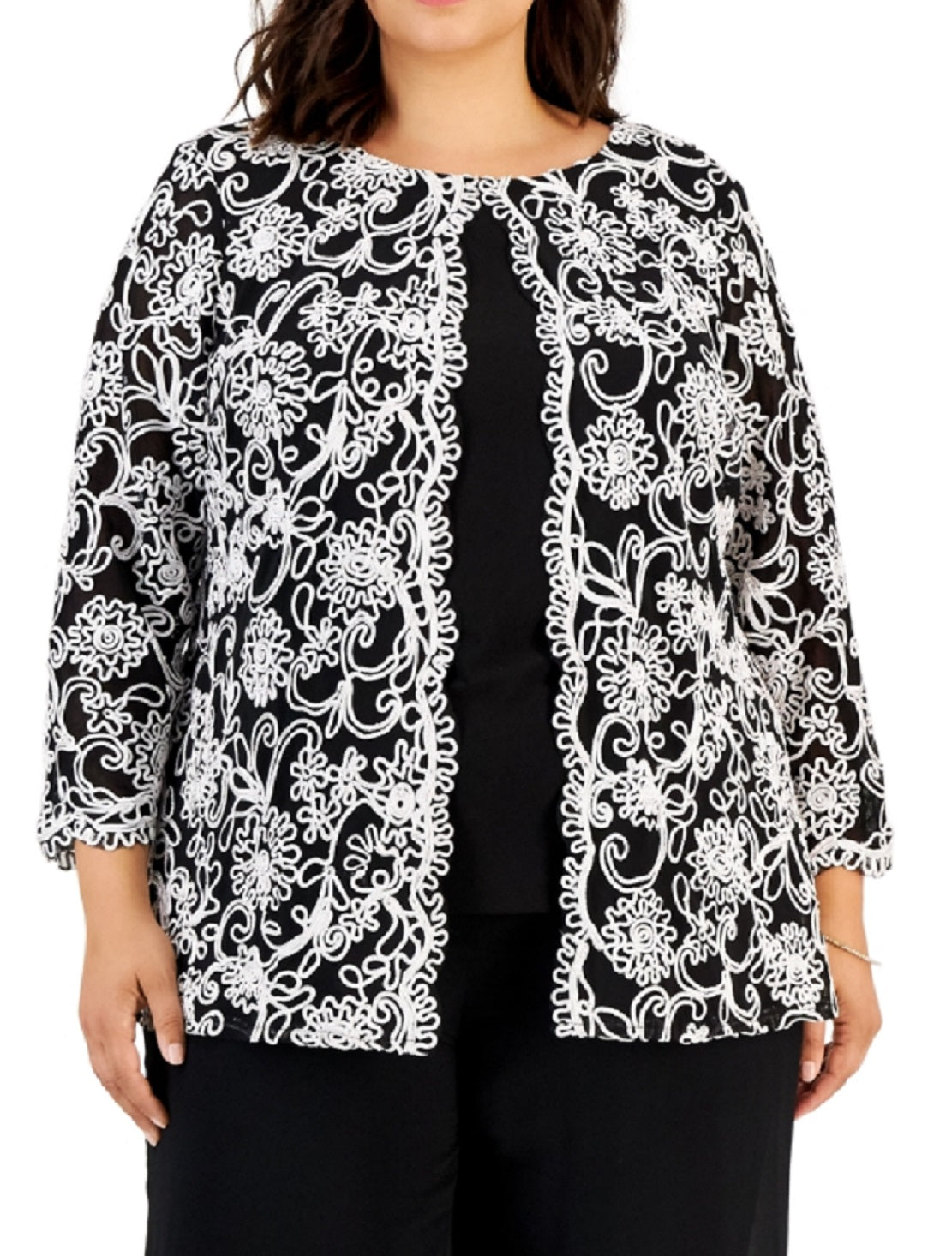 Alex Evenings Conjunto de blusa feminina bordada, preta, tamanho 1X