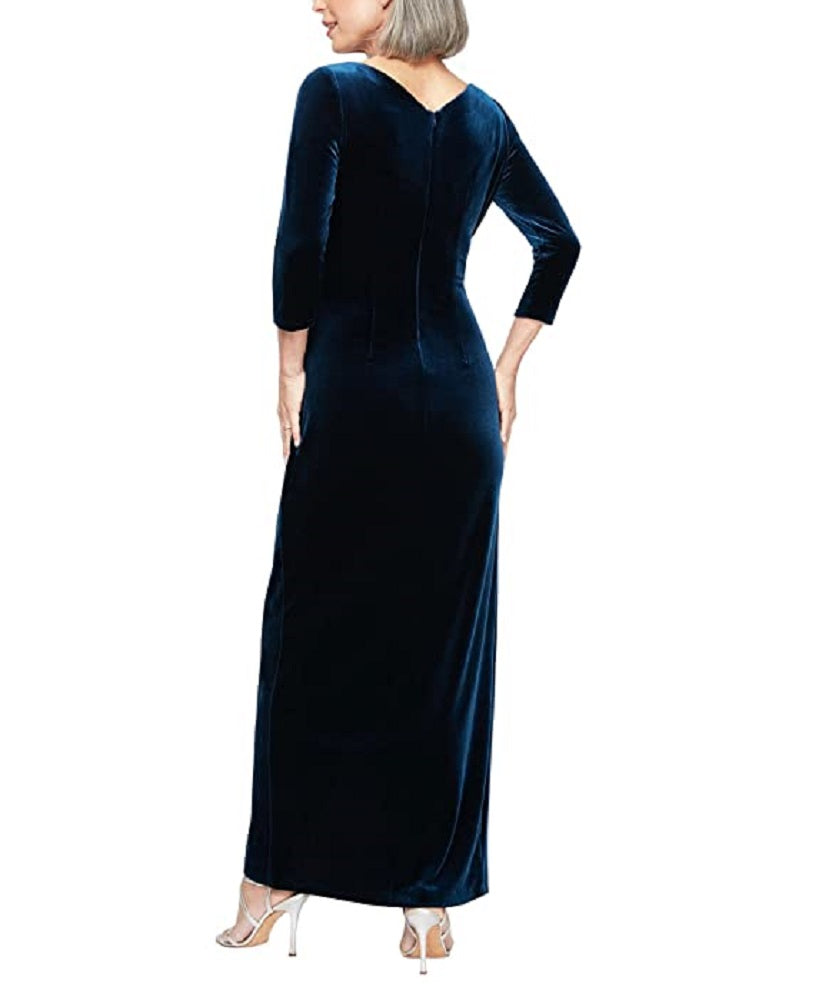 Vestido longo com decote sobrepeliz feminino Alex Evenings, saia azul, tamanho 8