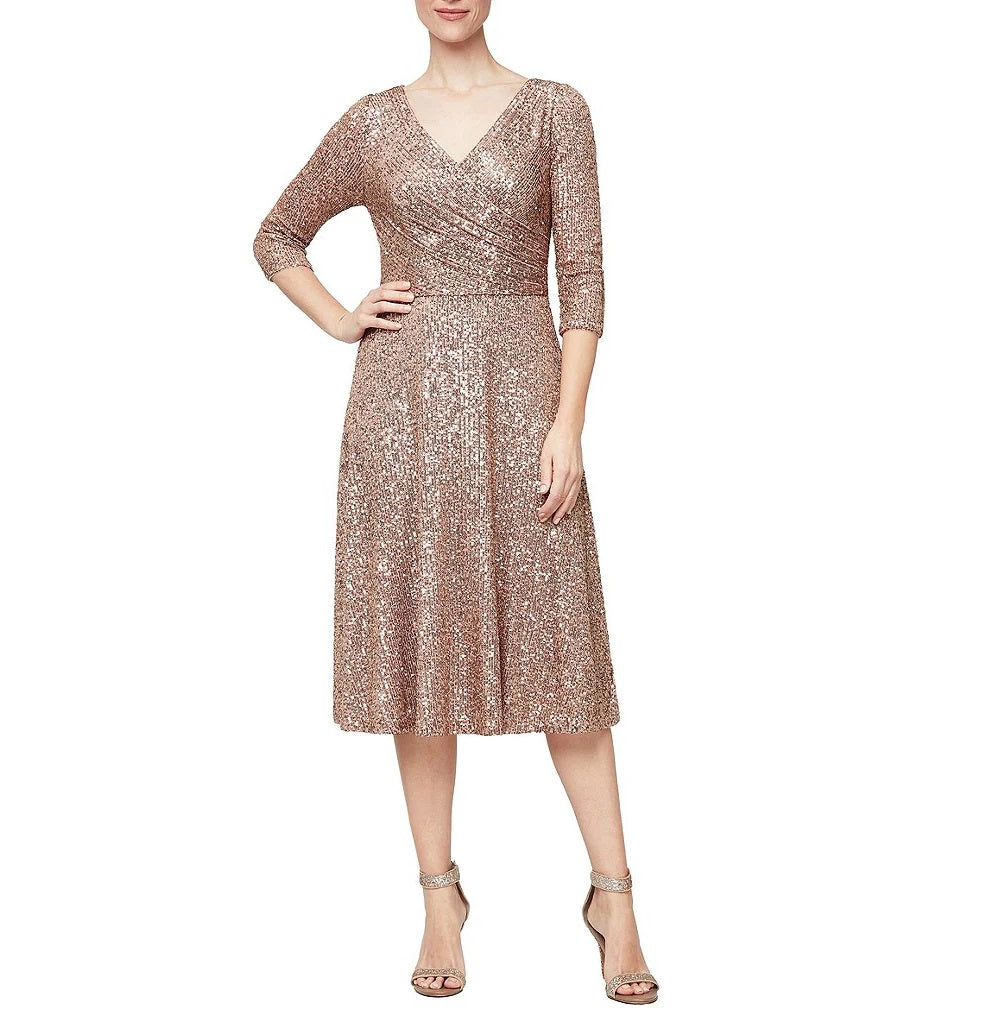 Vestido feminino Alex Evenings com lantejoulas e manga 3/4, marrom, tamanho 14