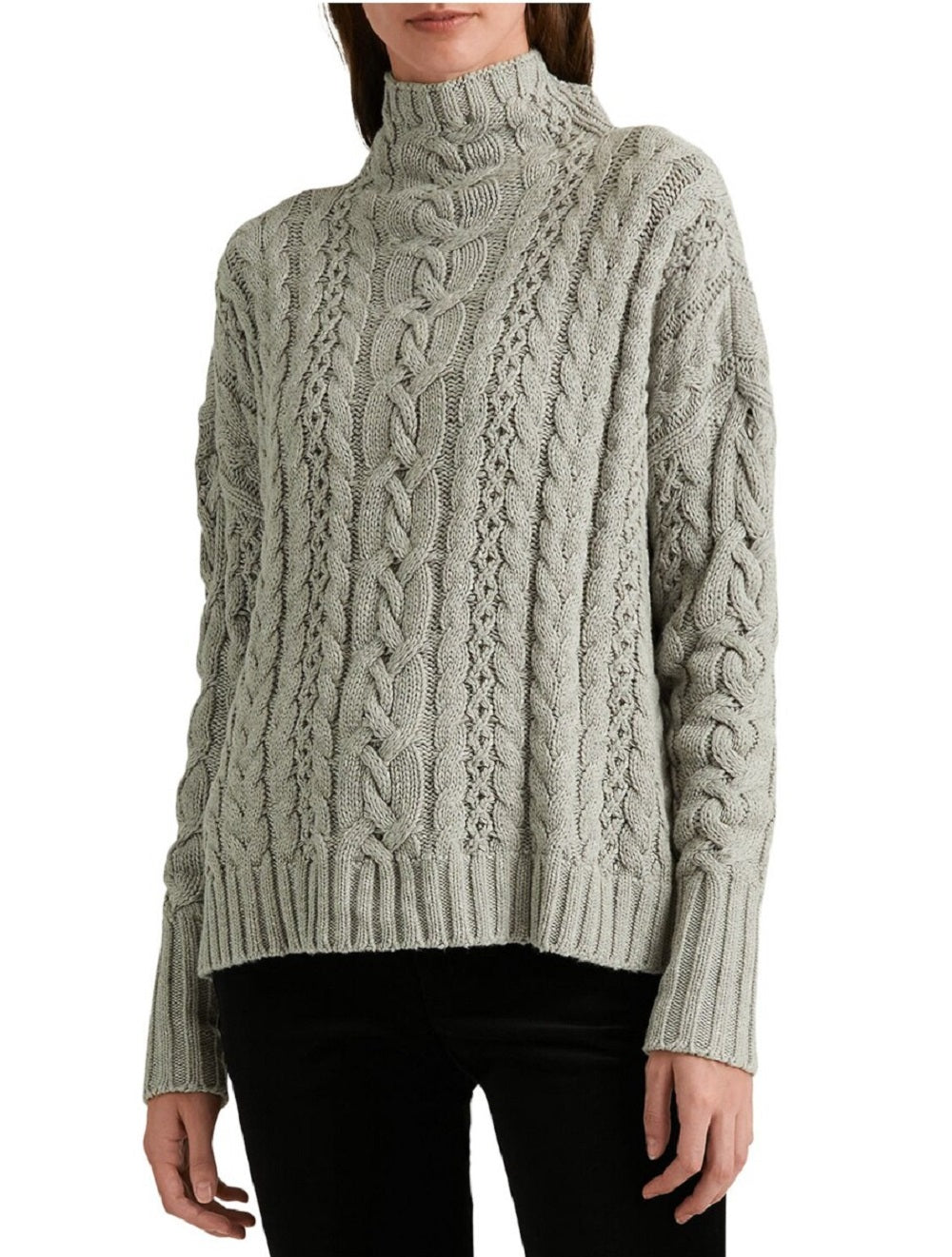 Suéter Ralph Lauren Feminino com Textura Elástica e Canelado, Manga Longa e Gola Falsa, Cinza, Tamanho P