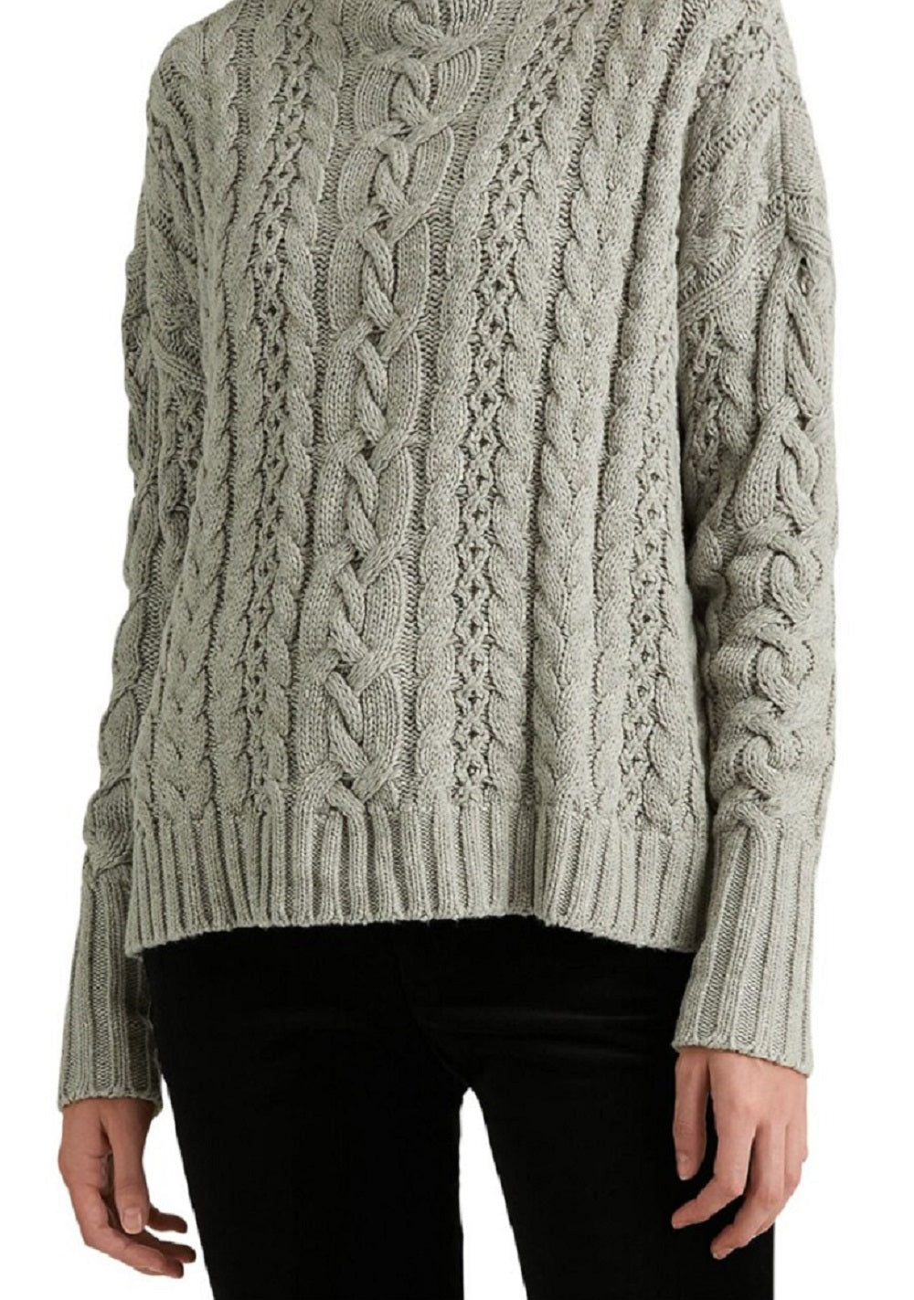 Suéter Ralph Lauren Feminino com Textura Elástica e Canelado, Manga Longa e Gola Falsa, Cinza, Tamanho P